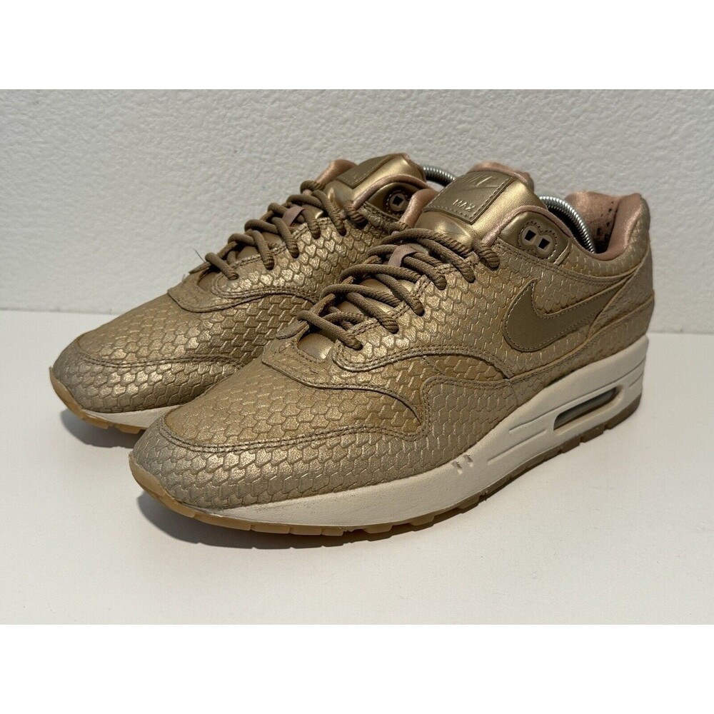 Nike Air Max 1 Womens Running Shoes Sz 12 Premium Gold Fish Sneakers 454746-900 - Picture 3 of 16